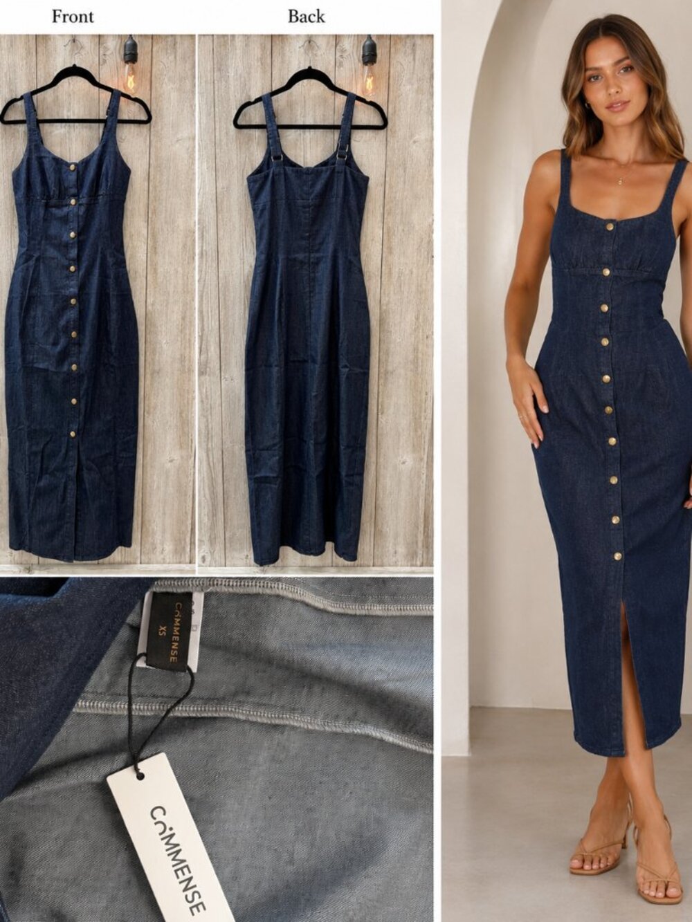 NWT COMMENSE Button Front Denim Midi Dress Navy – XS
